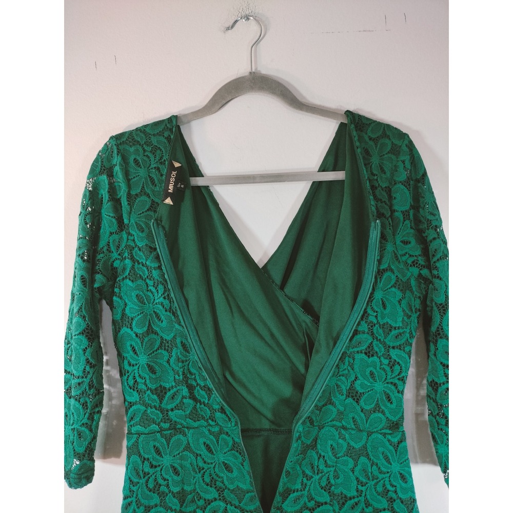 Miusol Emerald Green Faux Wrap V-Neck 3/4 Sleeve Lace Sheath Dress